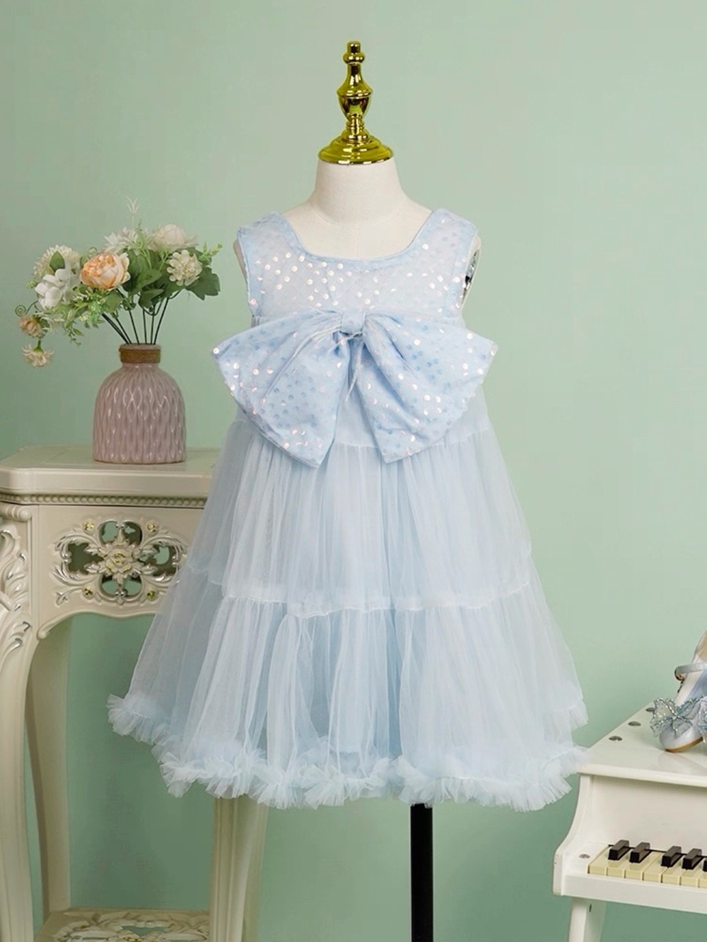 Light Blue Sequin Bow Tulle Party Dress